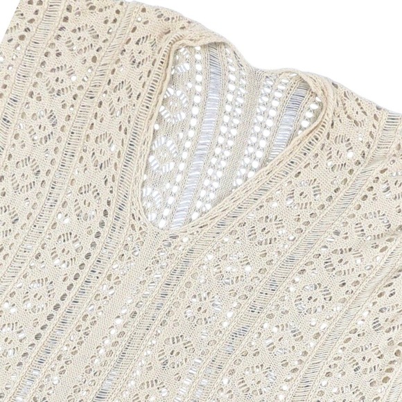 Sweaters - Cream Crochet Knit V-Neck Poncho Top with Side Tassel Ties One Size Boho